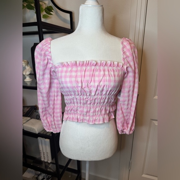 NWT Charlie Holiday Boheme Off The Shoulder Checkered Peasant Top Pink Size XS - Picture 3 of 7